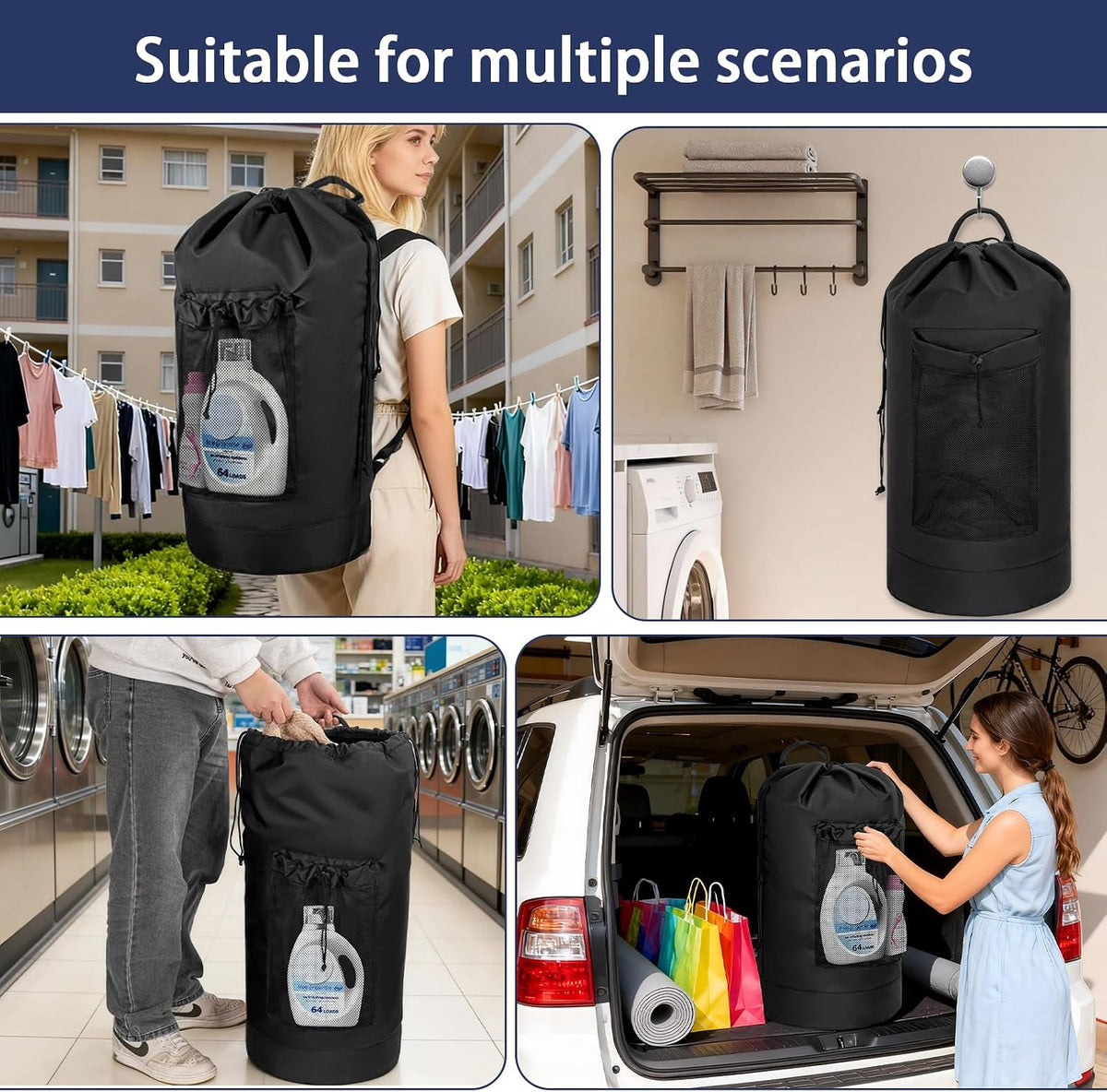 150L Laundry Bag Backpack with 3 Sizes Mesh Wash Bags and Shoulder Straps