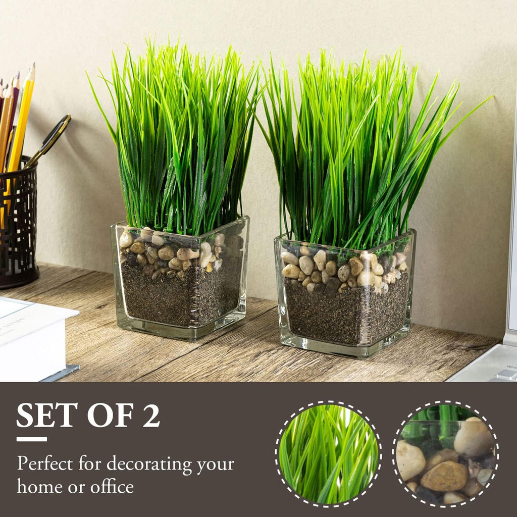 MyGift Set of 2 Artificial Grass Plants in Square Glass Pots with Pebbles