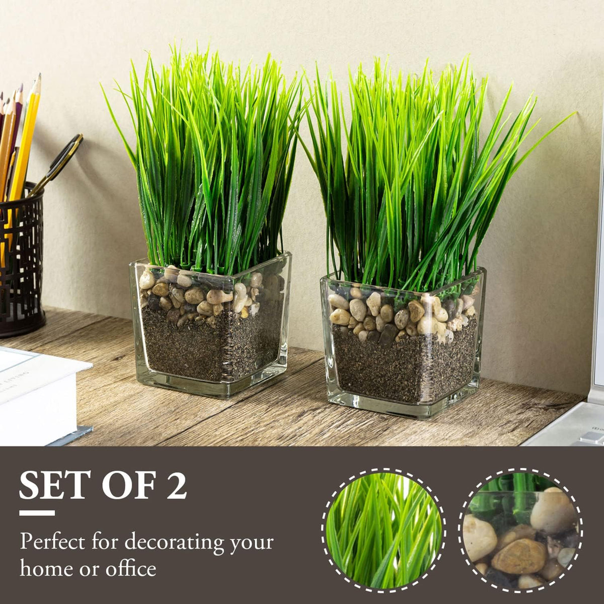 MyGift Set of 2 Artificial Grass Plants in Square Glass Pots with Pebbles