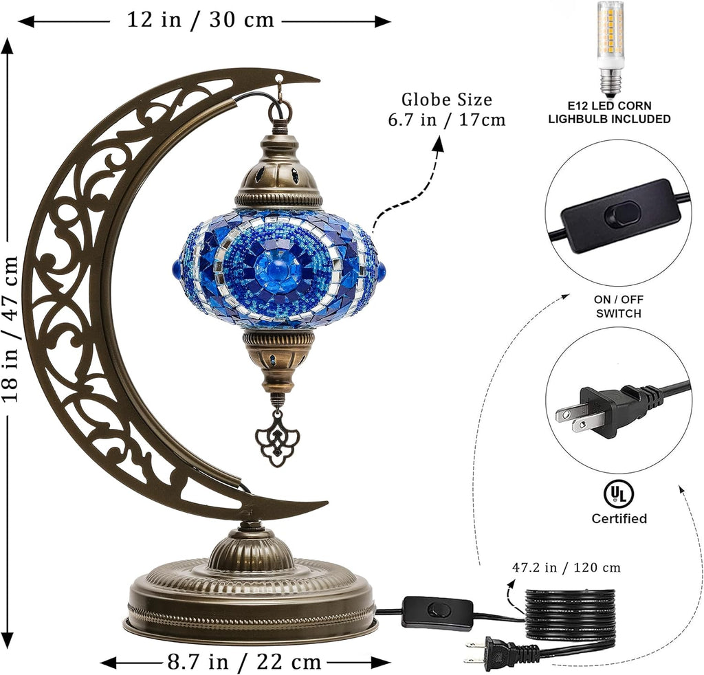 Turkish Lamp, Unique Lamps, Moon Shaped Mosaic Table Lamp, Moroccan Handmade Antique Bohemian Vintage Lamp Shade, Tiffany Desk Bedside Stained Glass Lamp with US Plug and E12 Socket