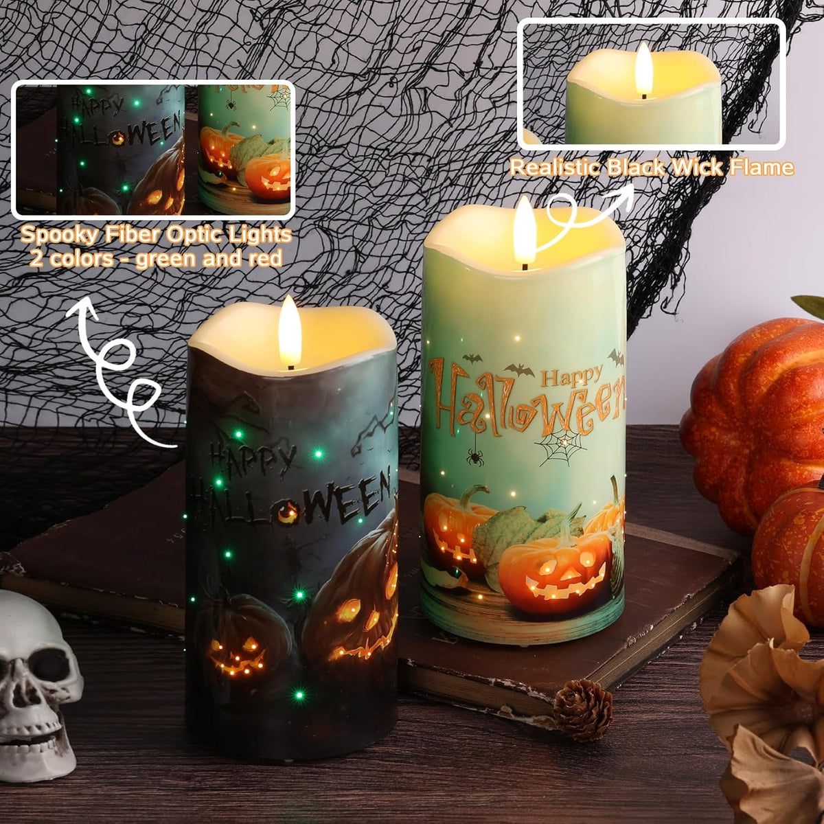 Eywamage Halloween Pumpkin Fiber Optic Flameless Pillar Candles with Remote