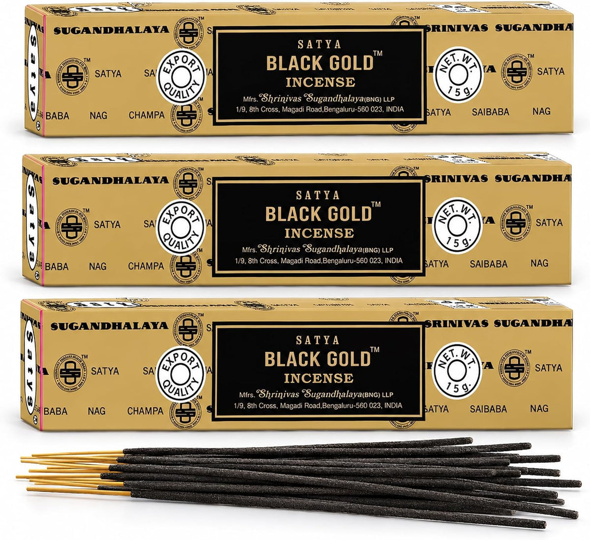 3 Packs Original Satya Sai Baba Nag Champa Incense Sticks Joss Insence - Insense 15g x 3 Box NagChampa Agarbatti (Black Gold)