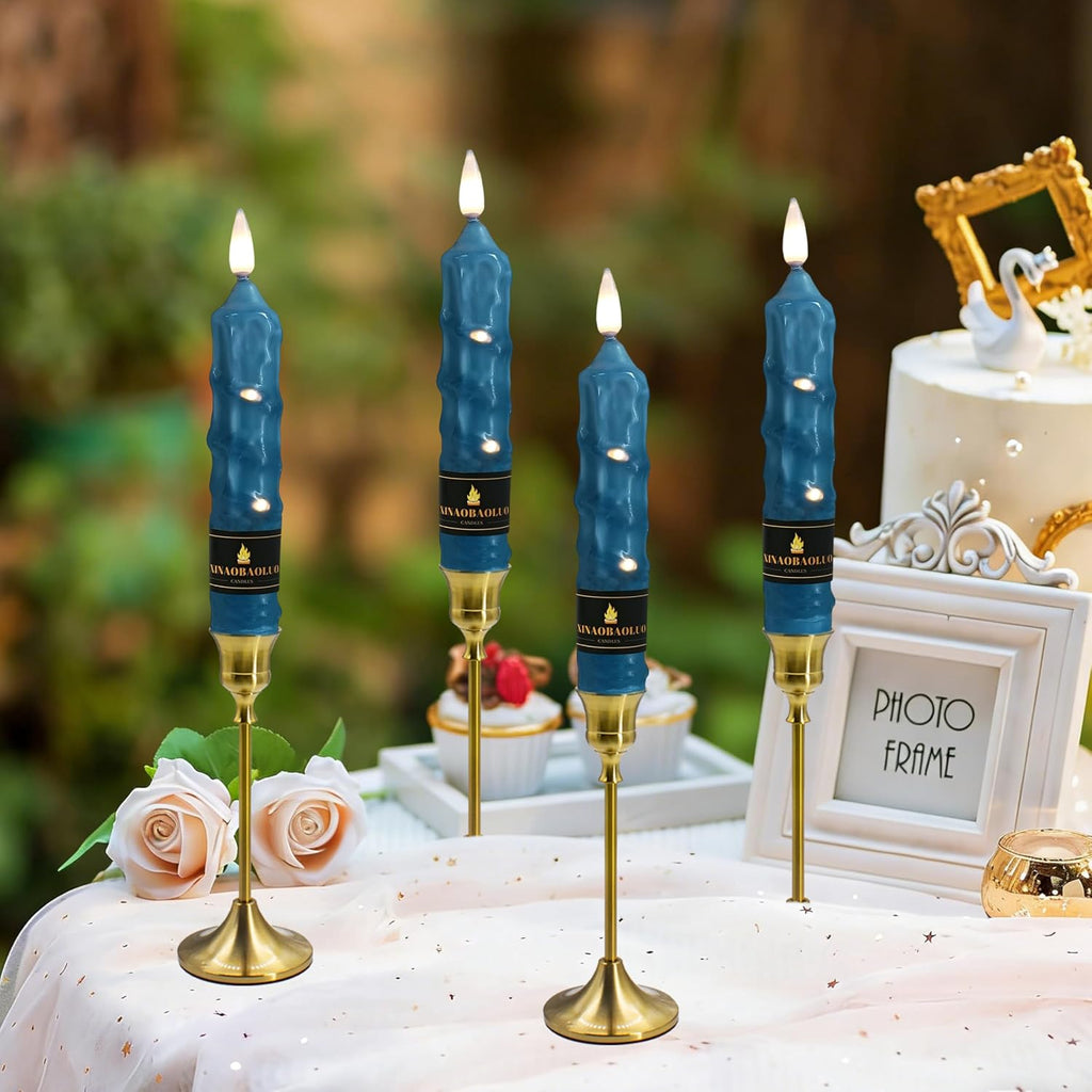 6.5 inch Haze Blue Flameless Candle with String Light Window Candles with Remote Timer Battery Operated Taper Candle LED Taper Candles Set of 4