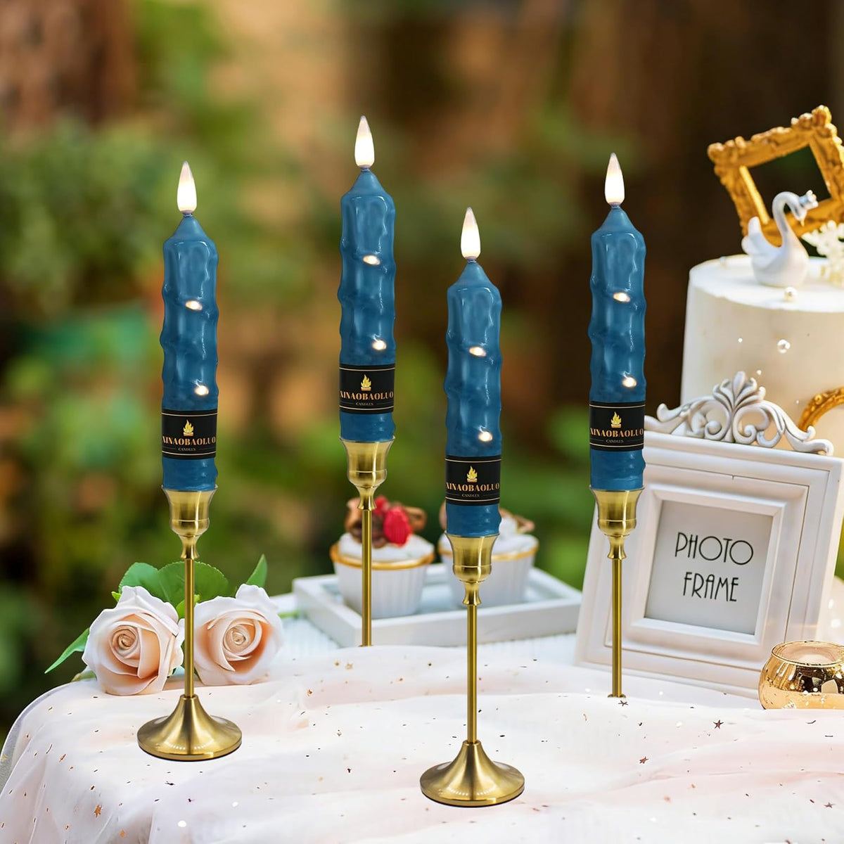 6.5 inch Haze Blue Flameless Candle with String Light Window Candles with Remote Timer Battery Operated Taper Candle LED Taper Candles Set of 4