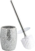 WHOLE HOUSEWARES Modern Toilet Brush Set (Silver) - Glass Mosaic Bathroom Accessory with Sturdy Bristles and Holder