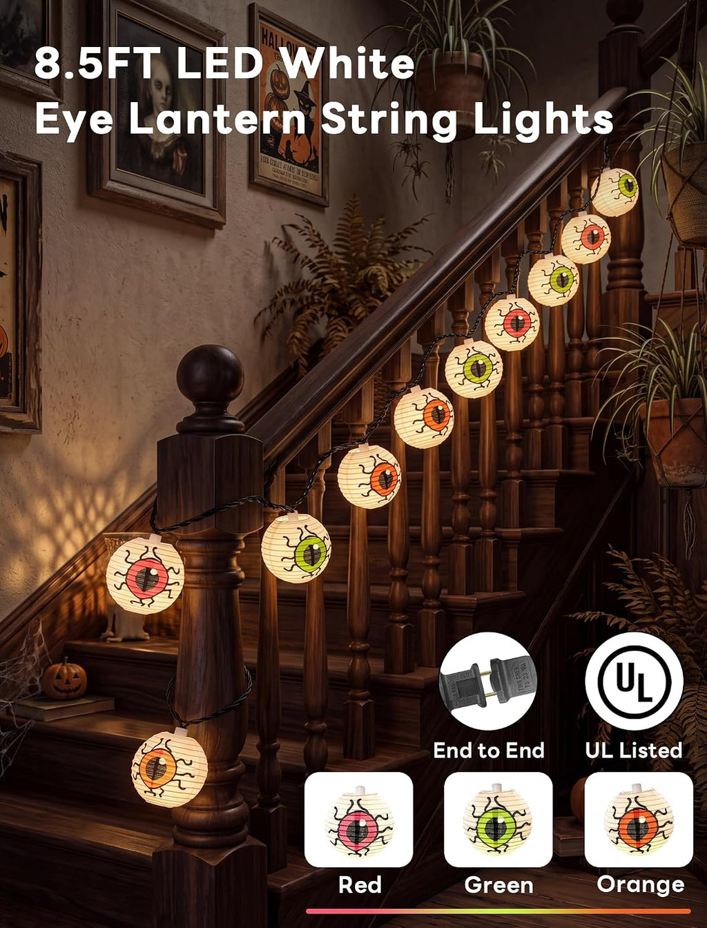 Halloween Lantern String Lights, 8.5Ft LED White Eye Lantern String Lights Plug in, 10 Halloween Lanterns String Light Connectable Indoor/Outdoor Decoration