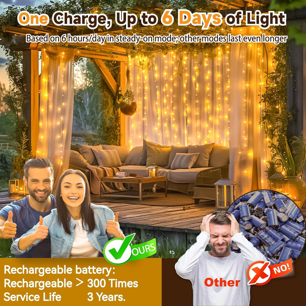HXWEIYE Rechargeable 300LED Curtain Lights Battery Powered,9.8x9.8Ft,Remote
