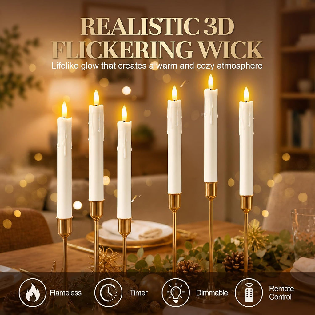 Enhon 6 Pack Flameless Taper Candles with Remote & Batteries, 7.7" Ivory LED Candle Sticks, 3D Wick & Wax Drip Design, 624+ Hour Battery Operated Candles for Home, Wedding & Christmas Decor