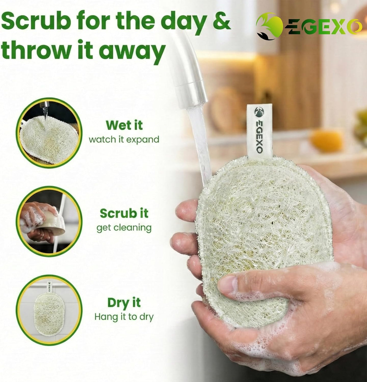 Kitchen Loofah Sponge (4 Pack), Dual Sided Loofahs for Kitchen Dishwashing