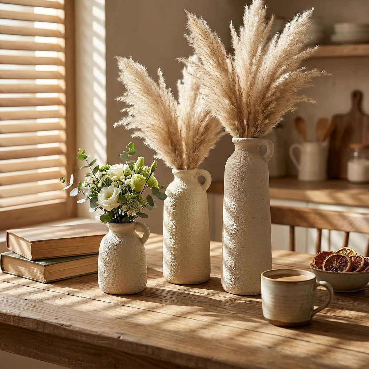 Ceramic Vases Set of 3, White Neutral Rustic Farmhouse Pottery Vase