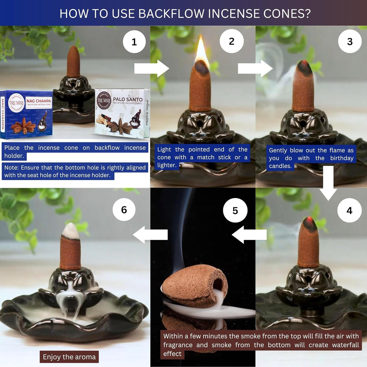 TRUMIRI Backflow Incense Cones - Combo Pack of 20 Incense Cones Waterfall - 10 Nag Champa + 10 Palo Santo