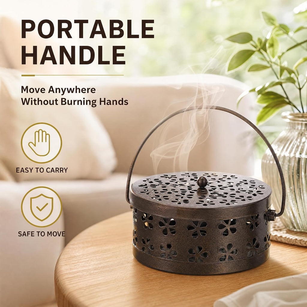 ZENFUN 2 Pack Iron Coil Holders with Lid and Handle, Bronze Incense Coil Burner with Lid, Retro Portable Coil Holder for Camp Use, Indoor, Outdoor, Fireproof, 5.7 Inches Diameter