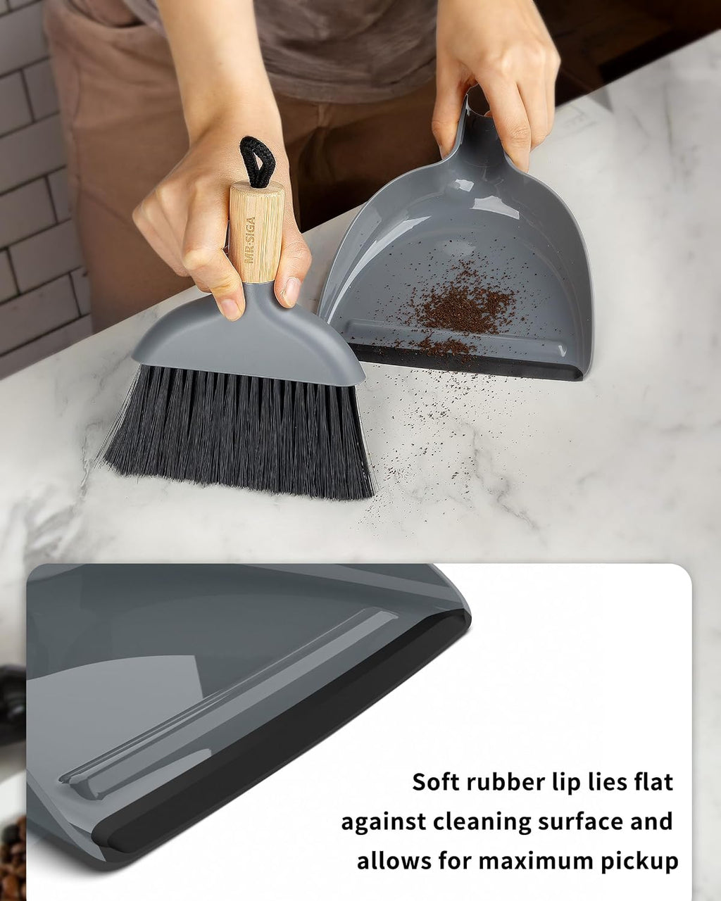 MR.SIGA Mini Dustpan and Brush Set, Bamboo Handle, Gray, 1 Set