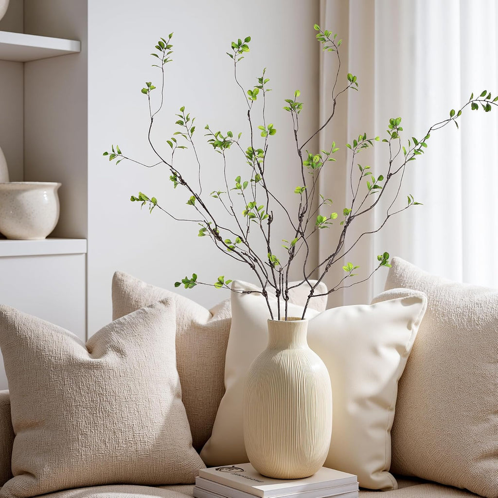 4PCS Artificial Green Branches 47.2", Extra Long Faux Decorative Branches for Tall Vase, Realistic Green Stems with Sparse Leaves, Bendable Branches for Home Decor