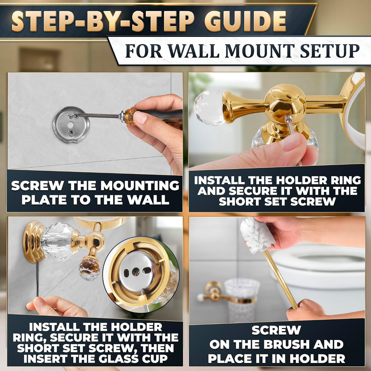 Gold Toilet Brush and Holder Set, Wall Mounted, Crystal Clear Glass Bowl