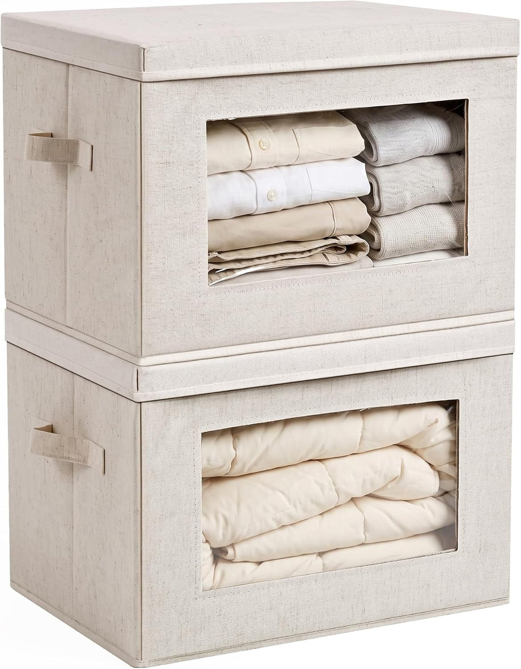 2-Pack Storage Bins with Lids & Clear Window, Foldable Fabric Closet Organizer Boxes, Stackable Cube Baskets with Soft Handles for Clothes & Blankets, 15", Beige