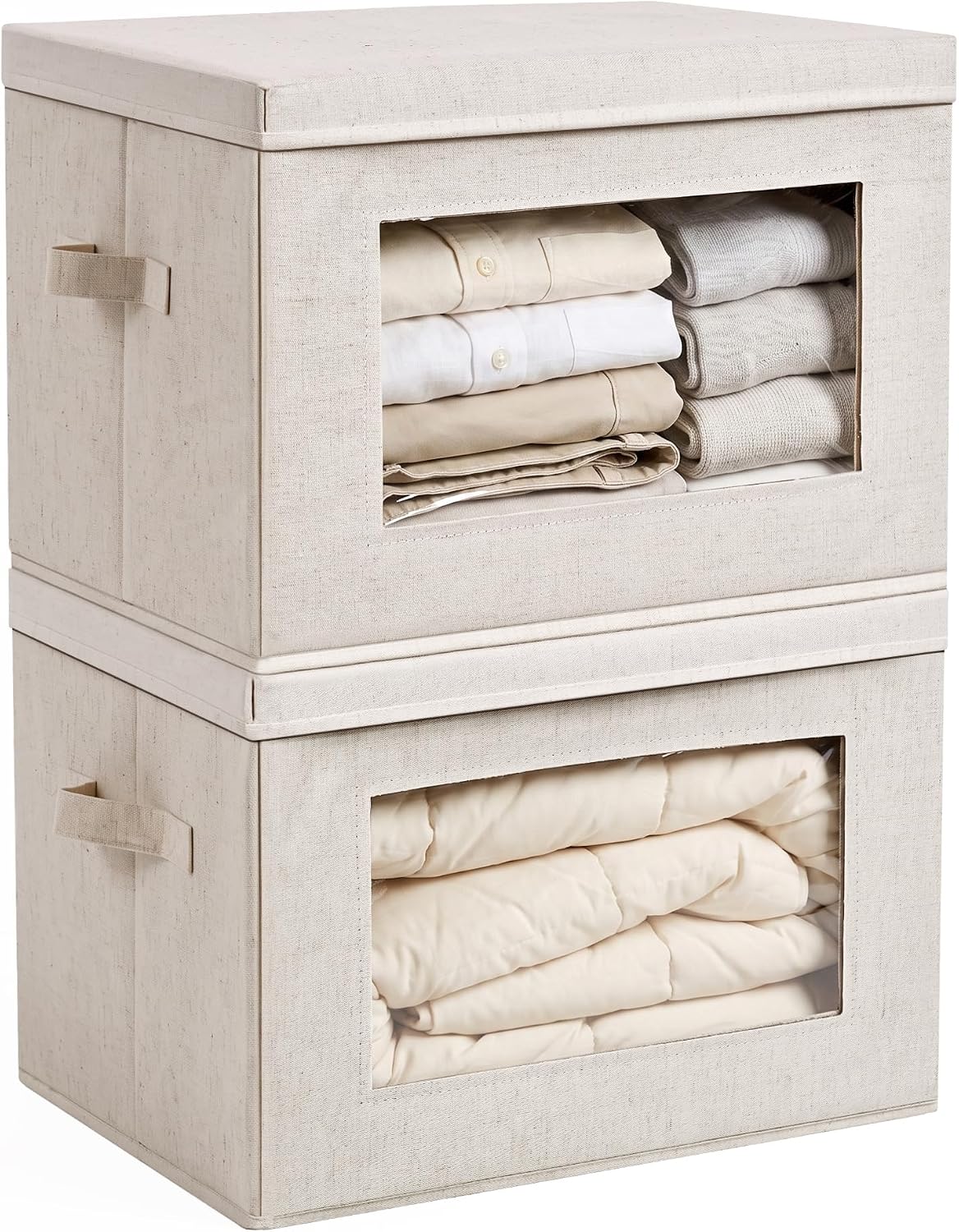 2-Pack Storage Bins with Lids & Clear Window, Foldable Fabric Closet Organizer Boxes, Stackable Cube Baskets with Soft Handles for Clothes & Blankets, 15", Beige