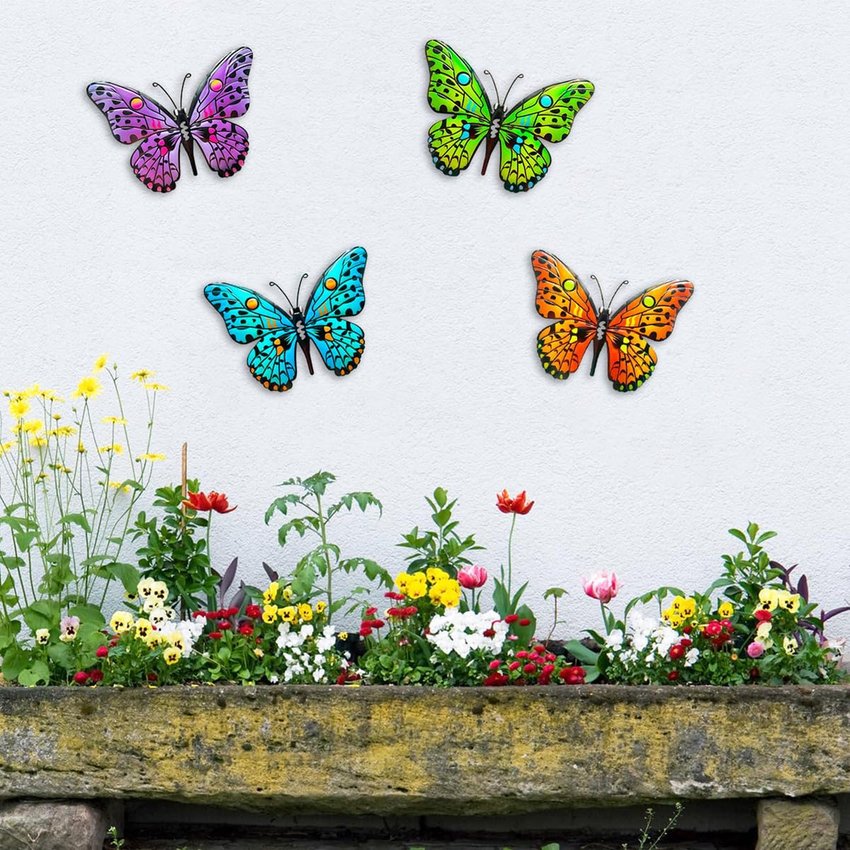 4 Pack Metal Butterfly Wall Decor Yard Art, 9.6" 3D Butterflies Outdoor Fence Decor Hanging Decorations for Garden Patio Balcony Front Porch Living Room Home Vibrant Colored Bohemian Geometric