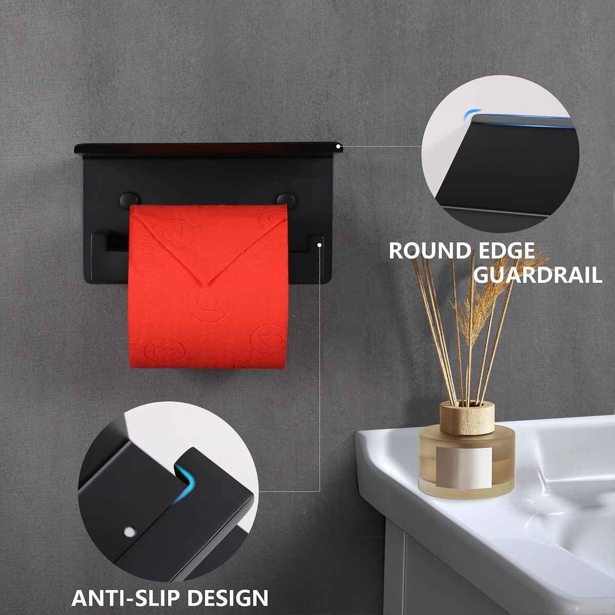 LANC Black Toilet Paper Holder with Shelf, Bathroom Toilet Paper Roll Holder with Phone Shelf for Bathroom Wall Mount, Tissue Roll Holder Stainless Steel, A8367MB