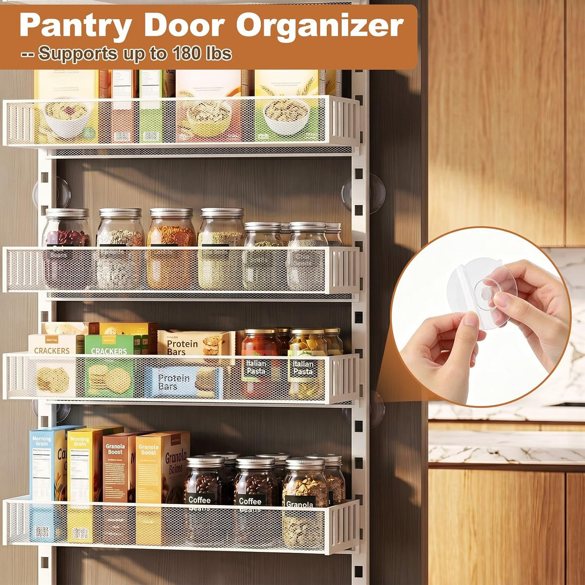 Over the Door Pantry Organizer, 8-Tier Heavy-Duty Door Spice Rack with Mesh Baskets, Height Adjustable & Anti-Swing Design, Pantry Door Organizers and Storage for Kitchen, Bathroom