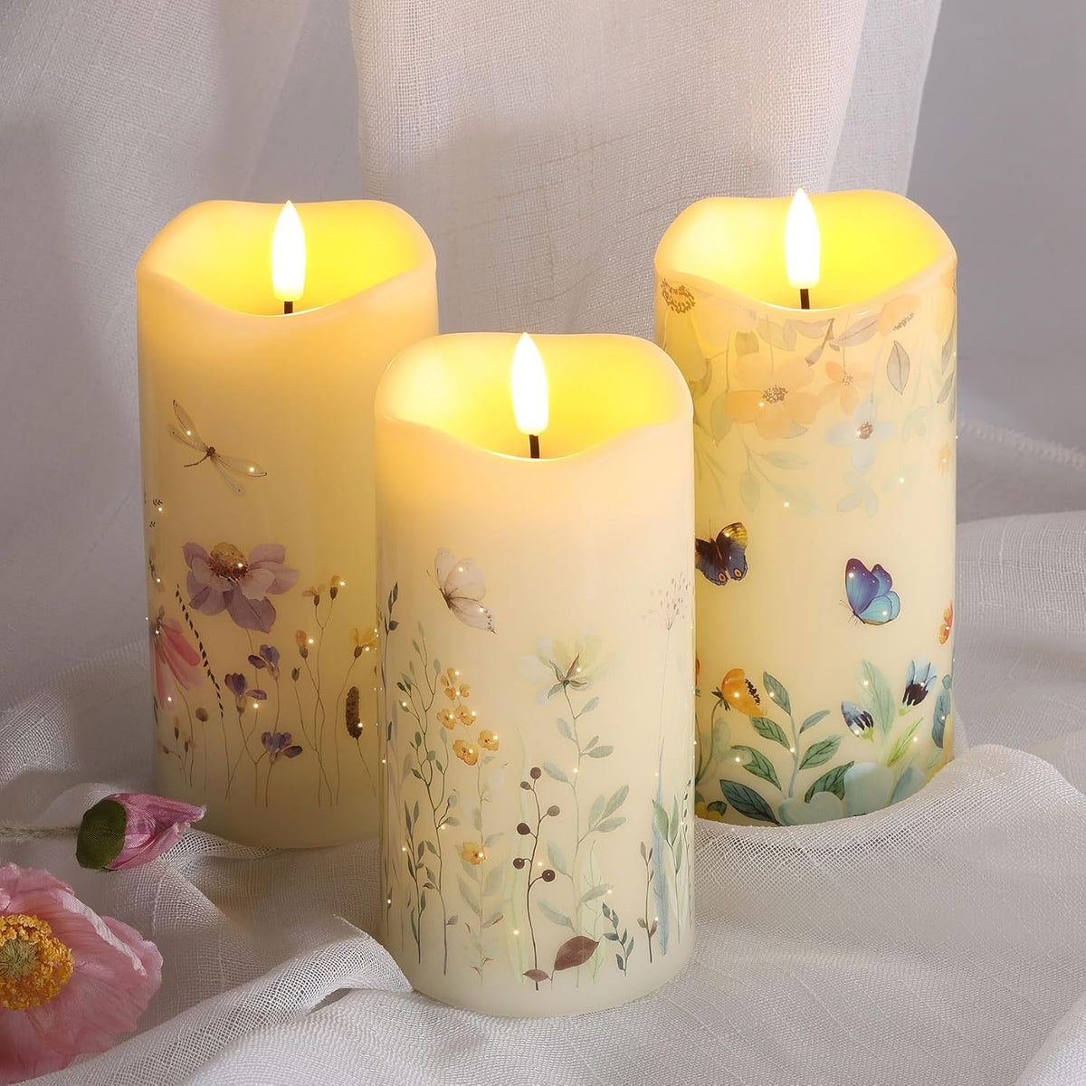 Eywamage Butterfly Fiber Optic Flameless Pillar Candles with Remote 3 Pack