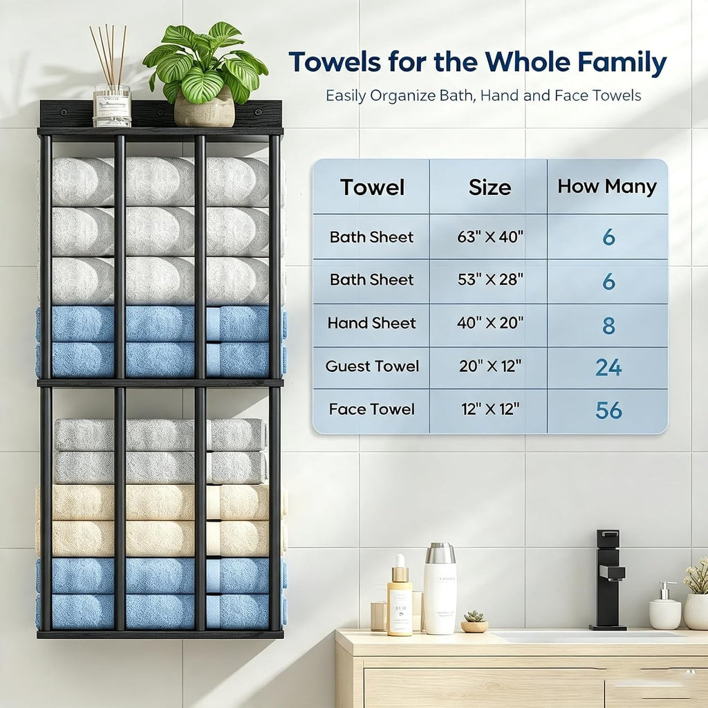 Wall Mounted Towel Rack, Wood & Metal Towel Holder for Bathroom Wall