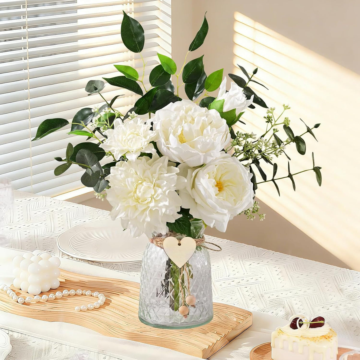 Livole Real Touch Fake Flowers with Vase & Light Silk Artificial Flowers