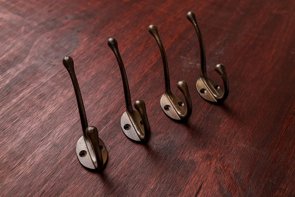 CRAFTSMAN ROAD Vintage Cast Iron Wall Hooks (Antique Brass Finish, Set of 4) - Rustic, Farmhouse Coat Hooks | Coats, Bags, Towels, Hats | Classic Slender