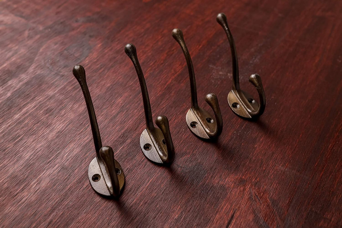 CRAFTSMAN ROAD Vintage Cast Iron Wall Hooks (Antique Brass Finish, Set of 4) - Rustic, Farmhouse Coat Hooks | Coats, Bags, Towels, Hats | Classic Slender