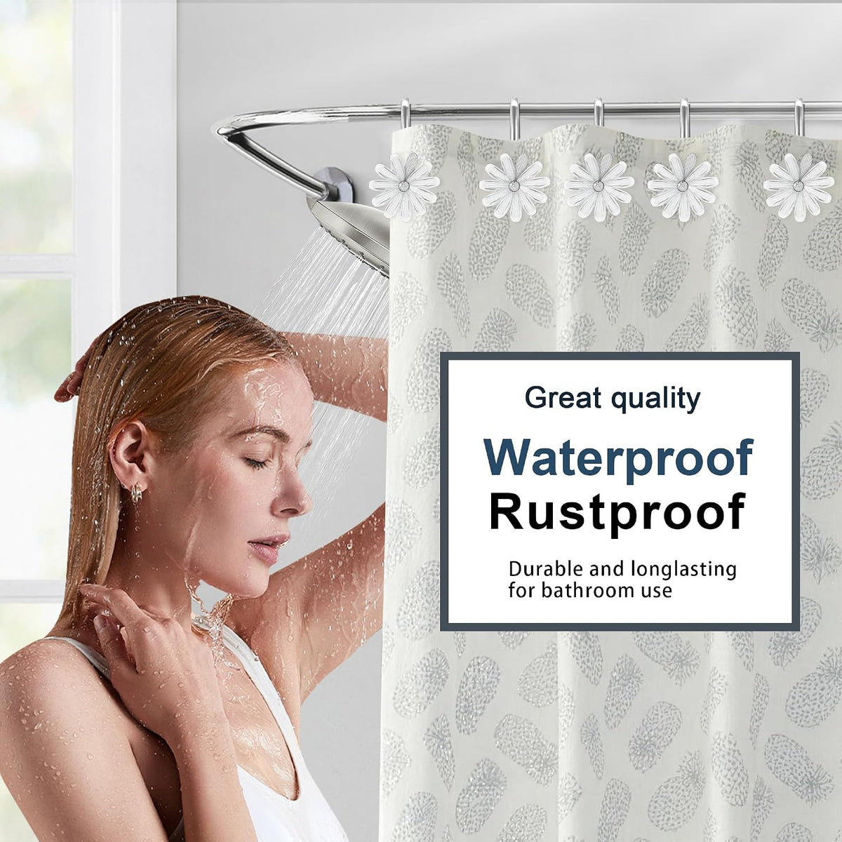 Shower Curtain Hooks, Rust Resistant Cute Daisy Metal Decorative Shower Rings Hangers Set of 12 for Bathroom Curtains,Clothing, Towels (Silver White)