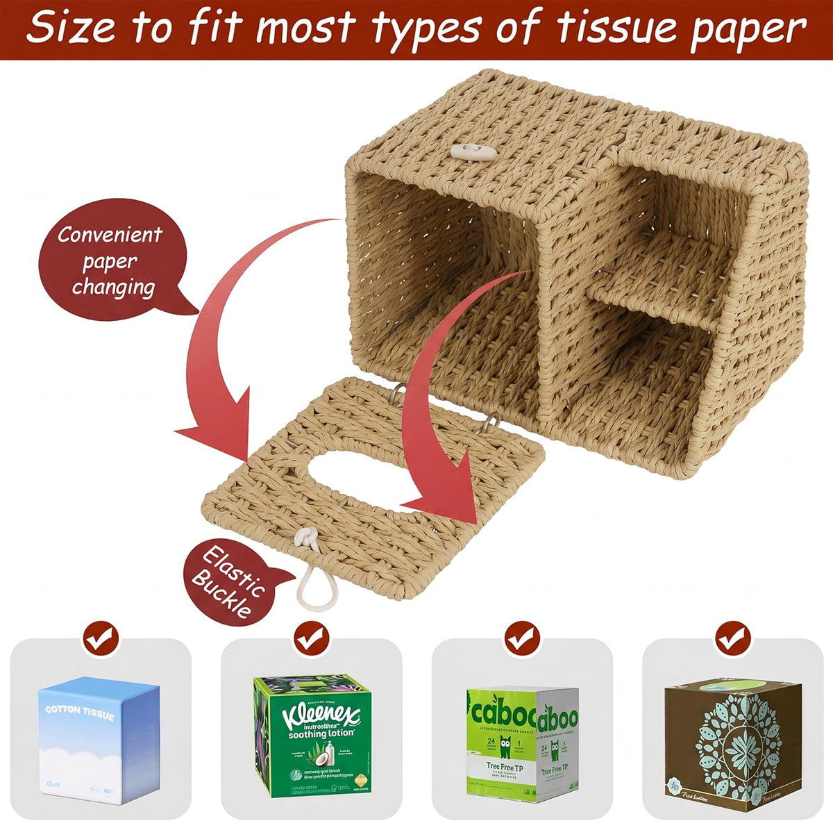 Tissue Box Cover with Storage, Wicker Paper Rope Square Tissue Box Holder