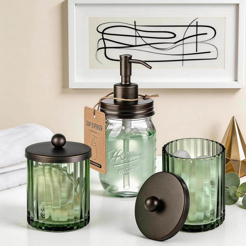 Amolliar Green Glass Qtip Holder Apothecary Jar Metal Lid (Bronze 4 Pack)