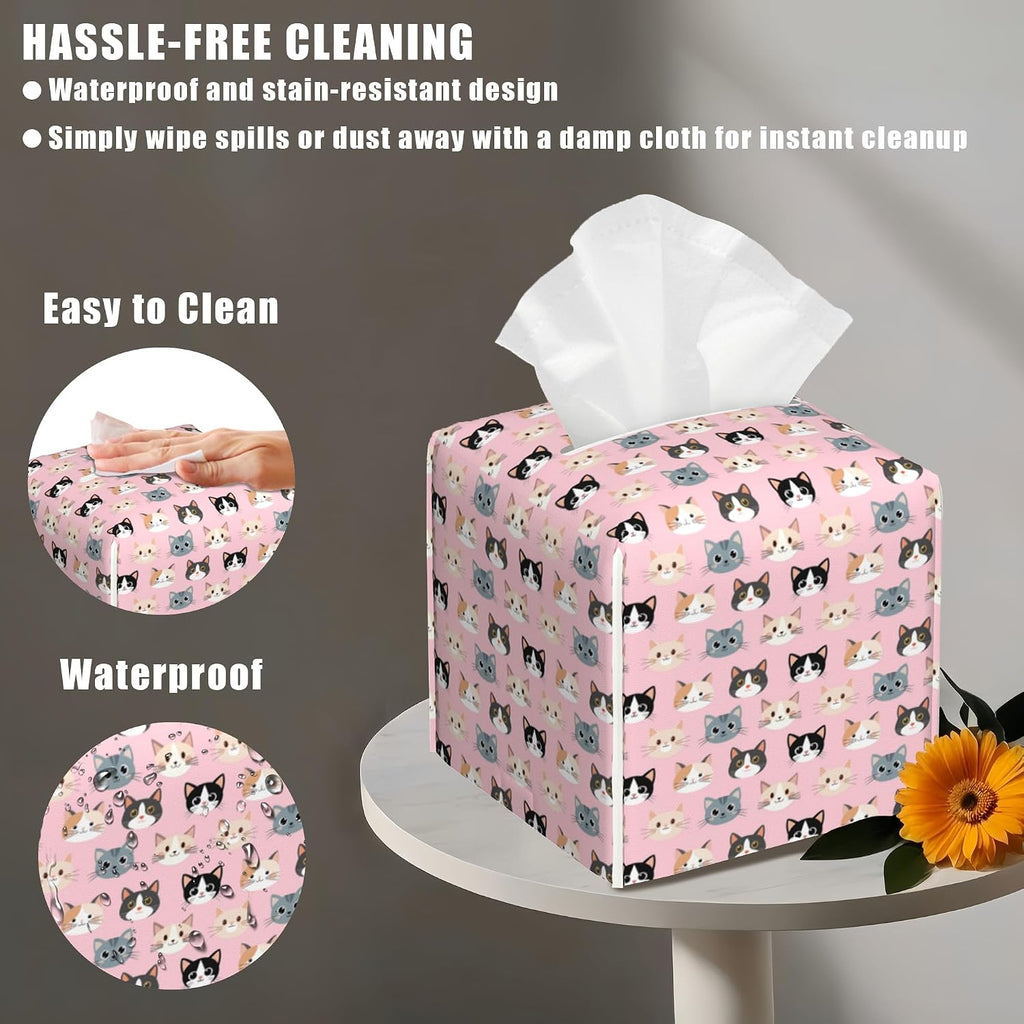 Leather Tissue Box Holder Cute Cat Faces Tissue Box Cover Facial Paper Case Organizer Cube Napkin Dispenser for Bathroom Vanity Countertop Night Stand Office Car