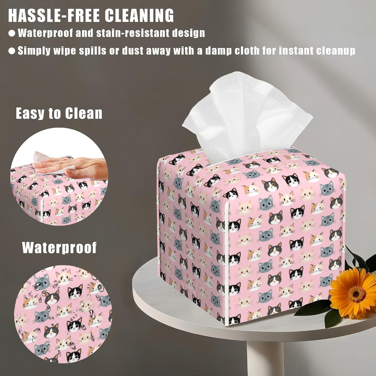 Leather Tissue Box Holder Cute Cat Faces Tissue Box Cover Facial Paper Case Organizer Cube Napkin Dispenser for Bathroom Vanity Countertop Night Stand Office Car