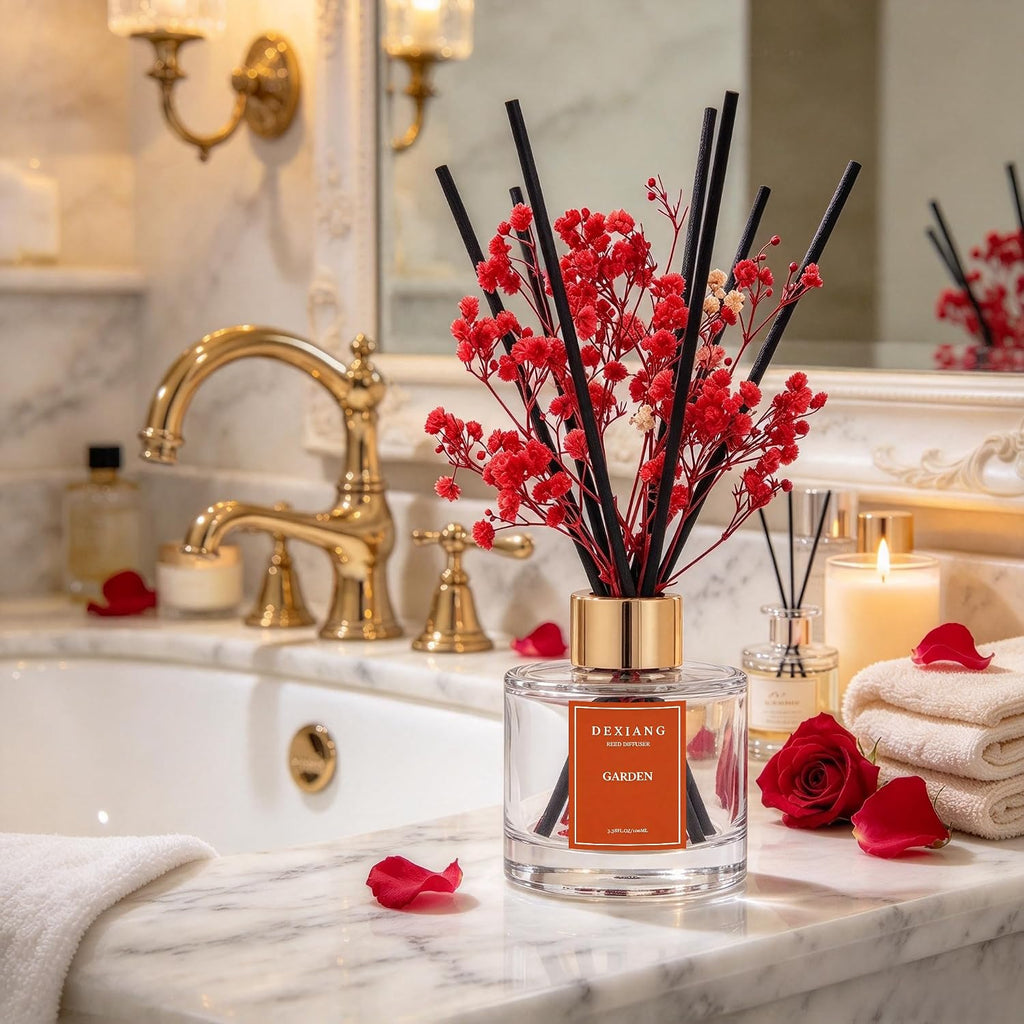 Reed Diffuser Set,3.38 fl oz (100 ml) Garden Oil Diffusers with 6 Reed Sticks for Bathroom Shelf Decor Home Fragrance Reed Diffuser