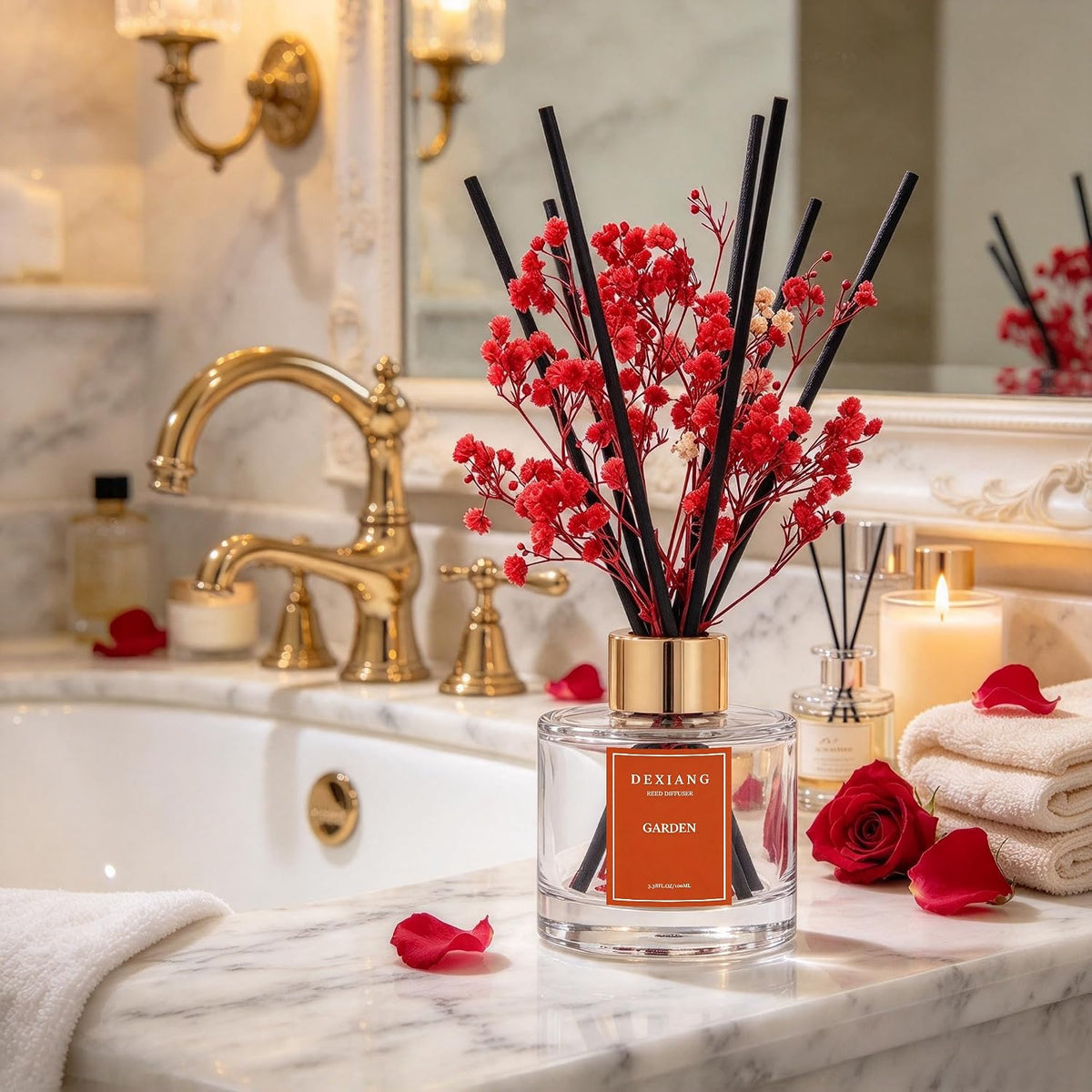 Reed Diffuser Set,3.38 fl oz (100 ml) Garden Oil Diffusers with 6 Reed Sticks for Bathroom Shelf Decor Home Fragrance Reed Diffuser