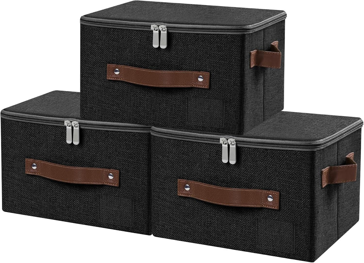 ANMINY Small Storage Box Fabric Bins with Zipper Lid, 10"x8"x7" Black 3PCS