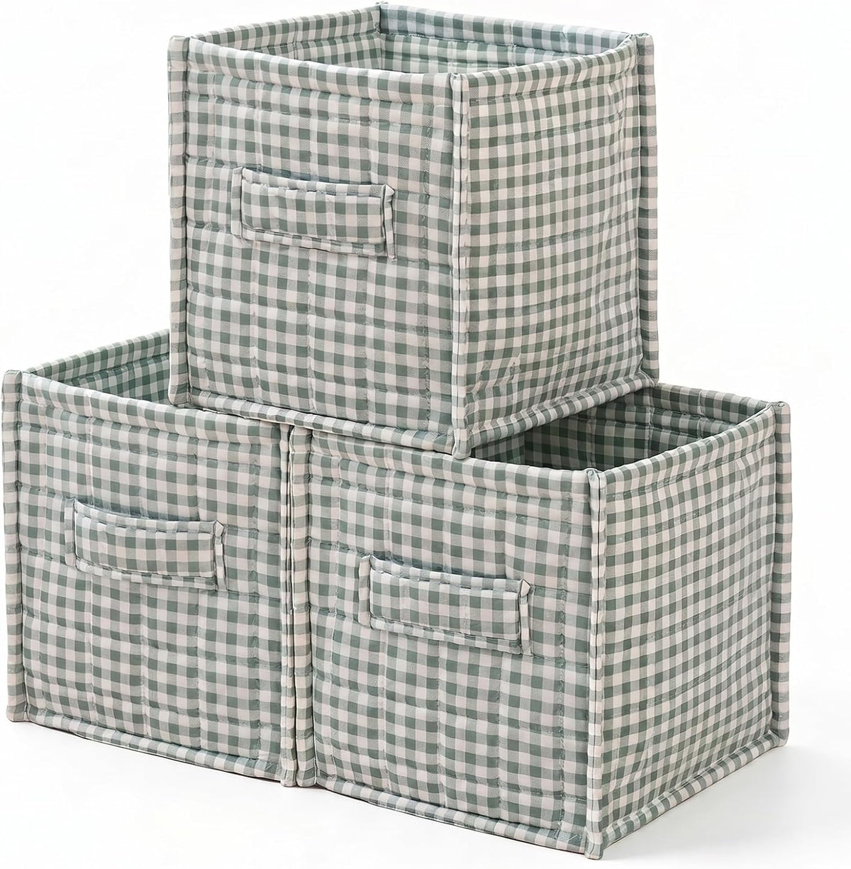 vctops Green Gingham Storage Cubes Organizer, 11.4 Inch 3 Pack Collapsible Fabric Storage Bins with Handles for Organization, Closet, Shelves, Offices, Toys (Green,11.4"x11.4"x11.4")