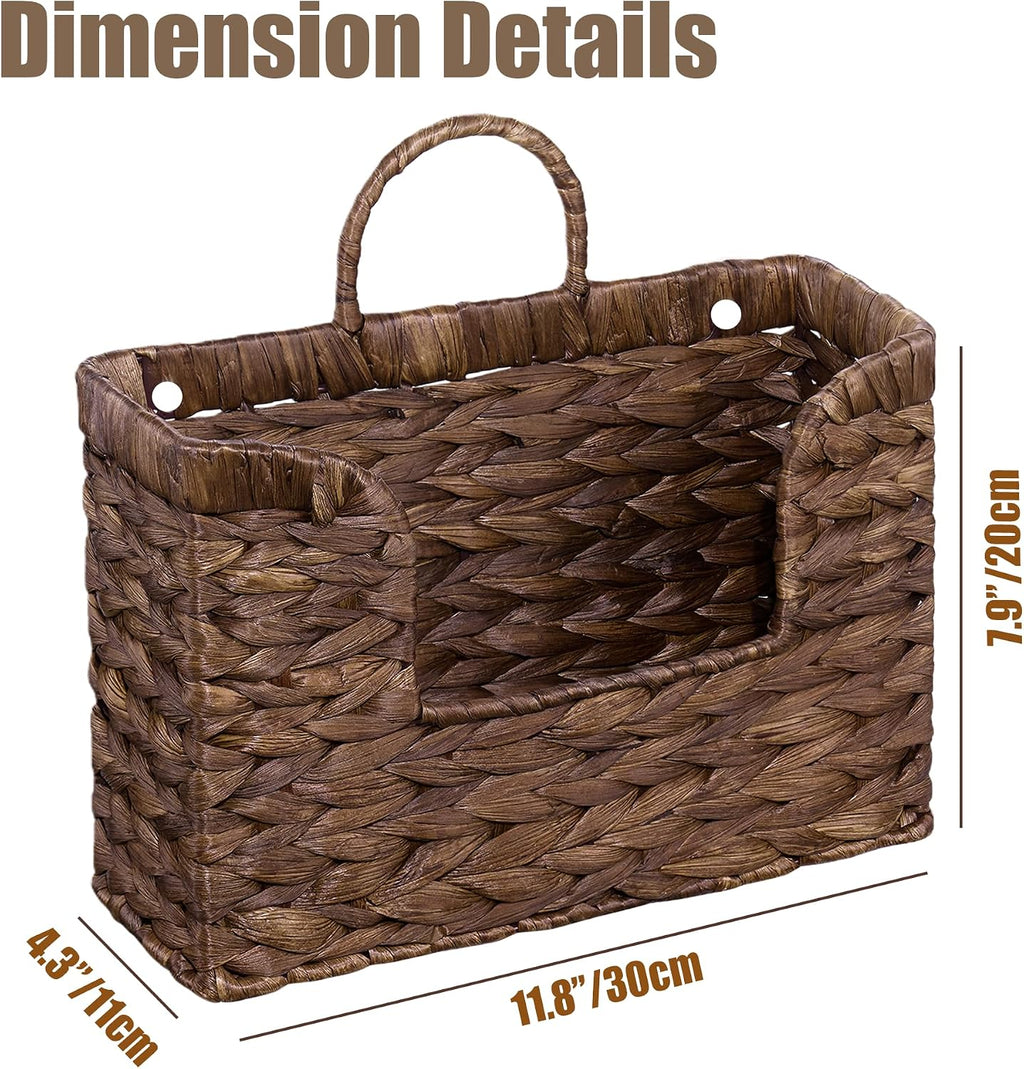 Set of 2 Magazine Holder Wall Basket Water Hyacinth Woven Mail Organizer, Wicker Wall Hanging Baskets for Magazines, Letters & Storage Decorative Mail Holder, Magazine Rack, Hanging Basket, Coffee