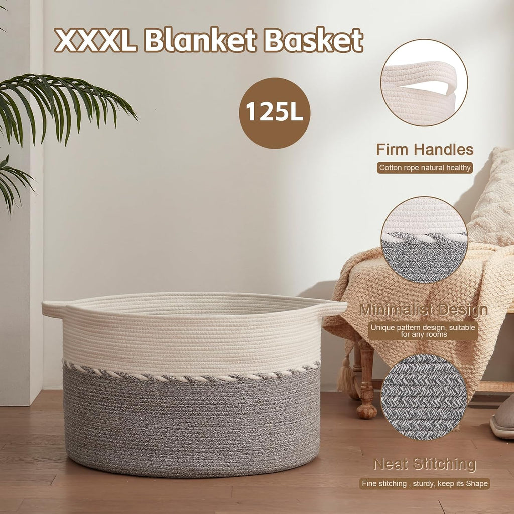 OIAHOMY 125L Extra Large Blanket Basket, Jumbo Cotton Laundry Basket Grey