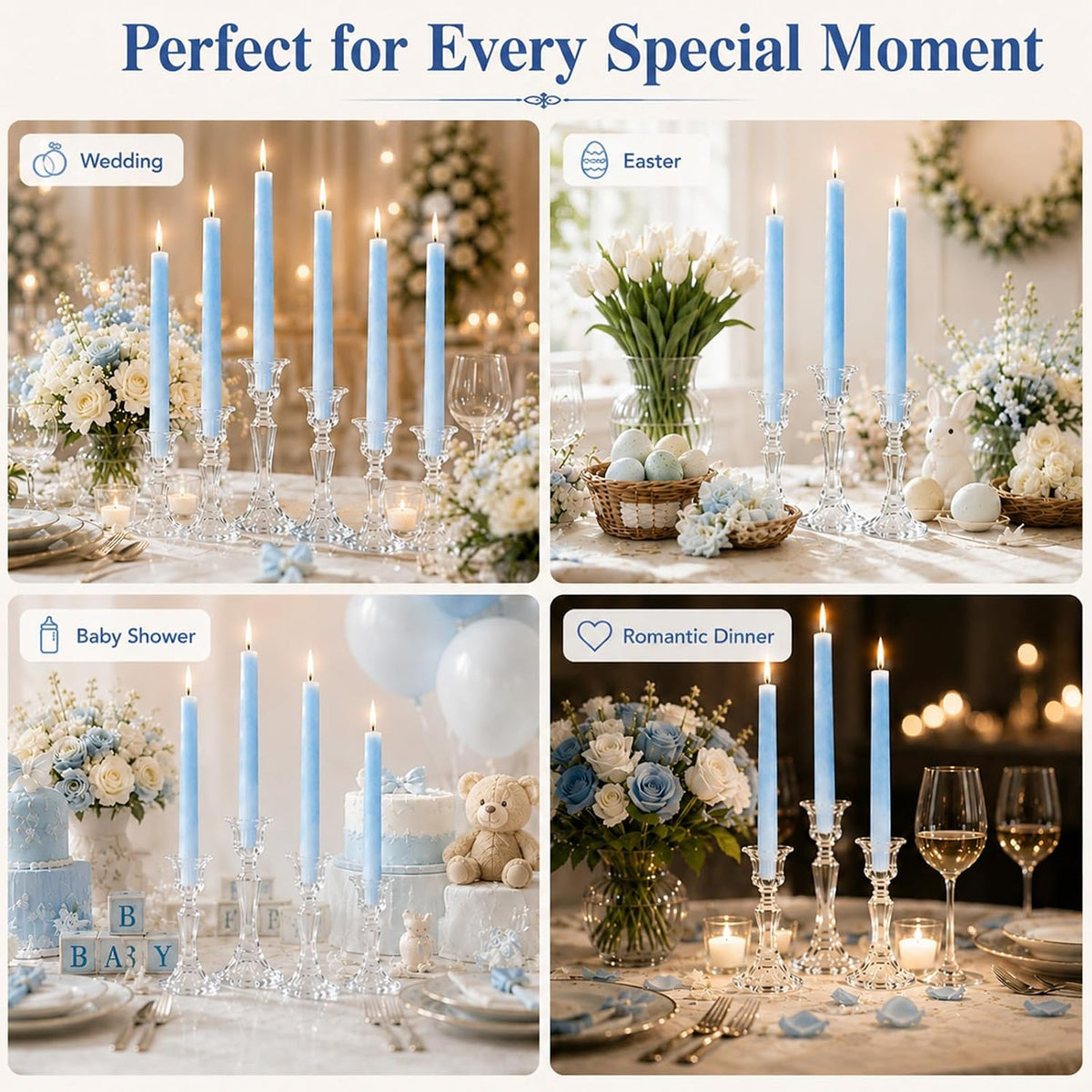 11-Hour Long Burning Ice Flower Taper Candles - 6 Pack 10 Inch Unscented Palm Wax Candlesticks - Natural Crystalline Texture, Smokeless & Dripless for Wedding, Dinner, Vigil, Blue