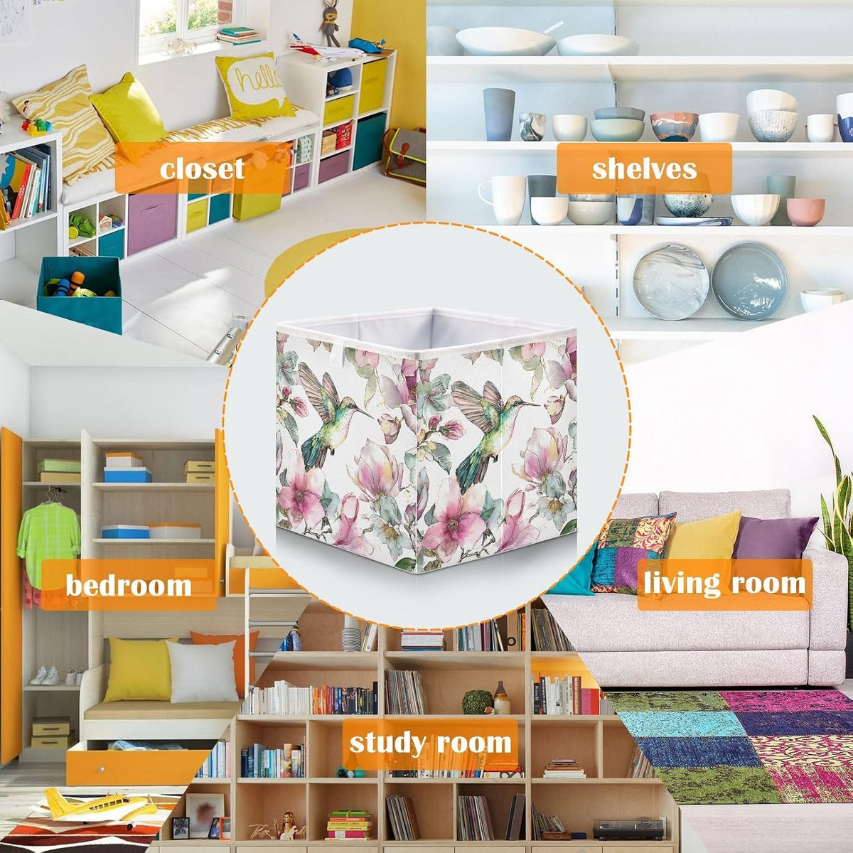 Hummingbird Cube Storage Bins Watercolor Floral Collapsible
