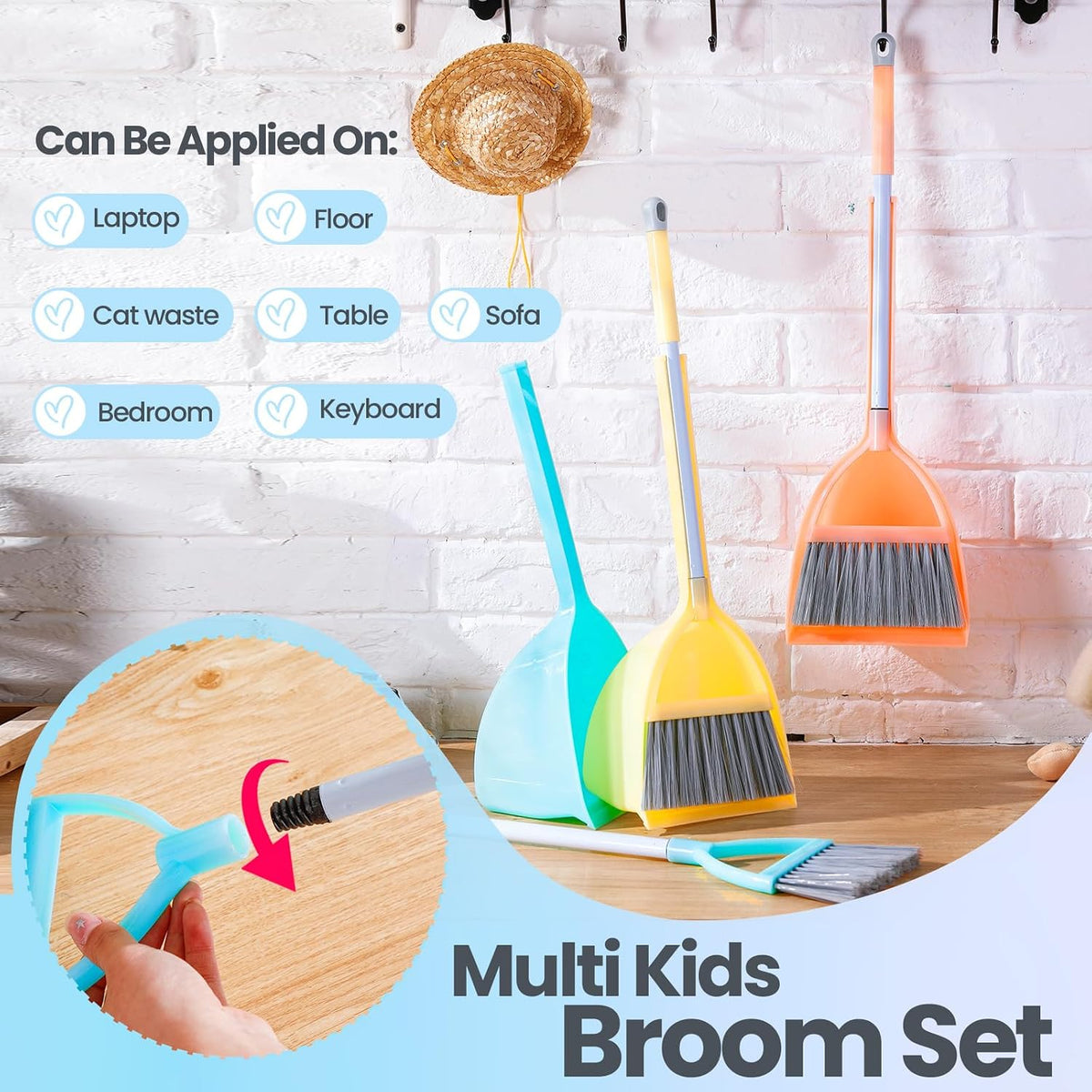 Roshtia 3 Pcs Mini Broom and Dustpan Set for Kids,Yellow, Red, Green