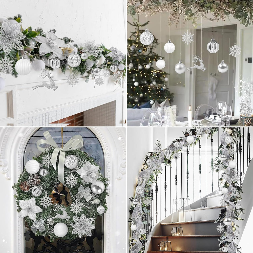 Ouddy Decor 105 Pcs Silver Christmas Tree Ball Ornaments Decorations Set