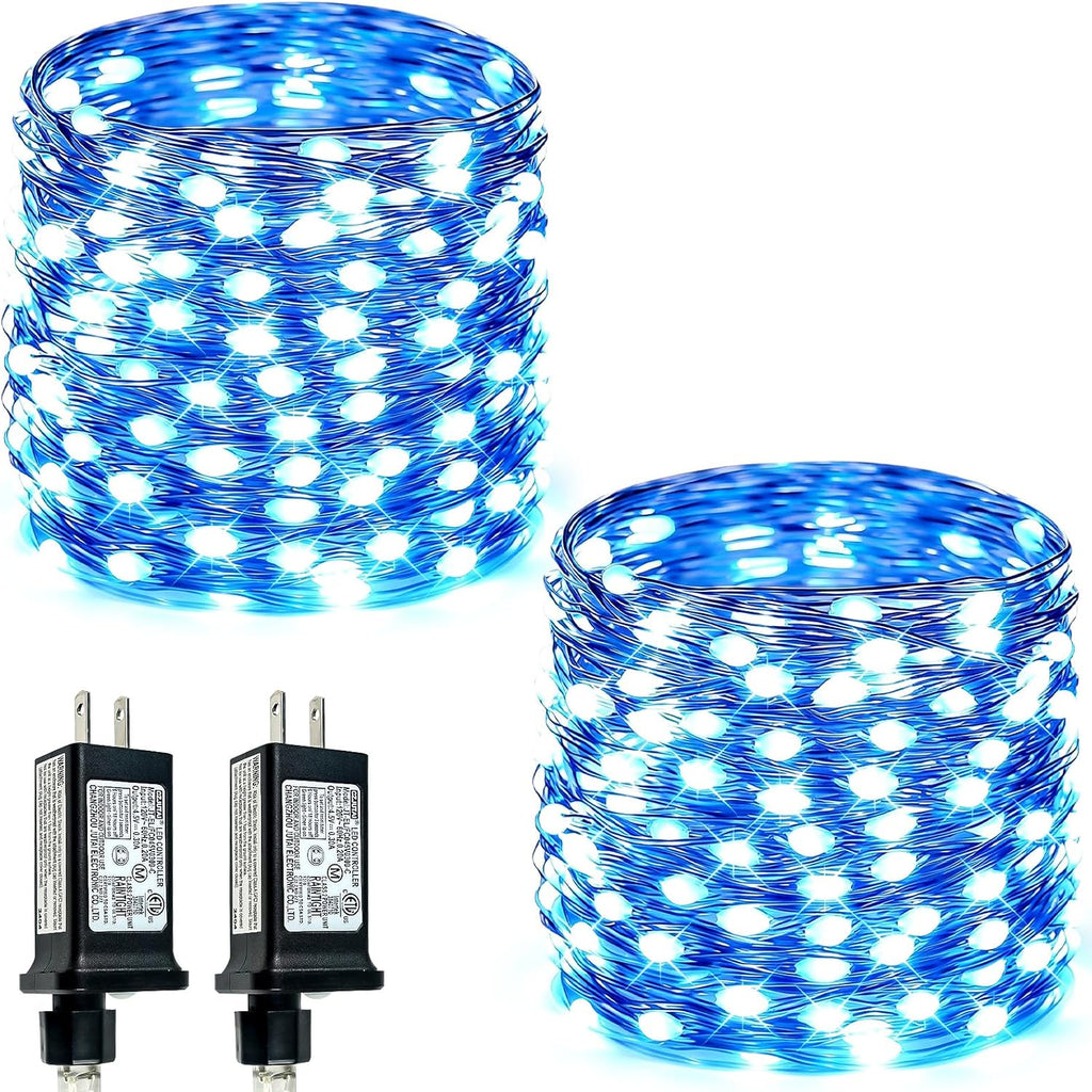 EEW 2 Pack Fairy Lights Plug in 99 FT 300 LED Christmas String Lights Blue