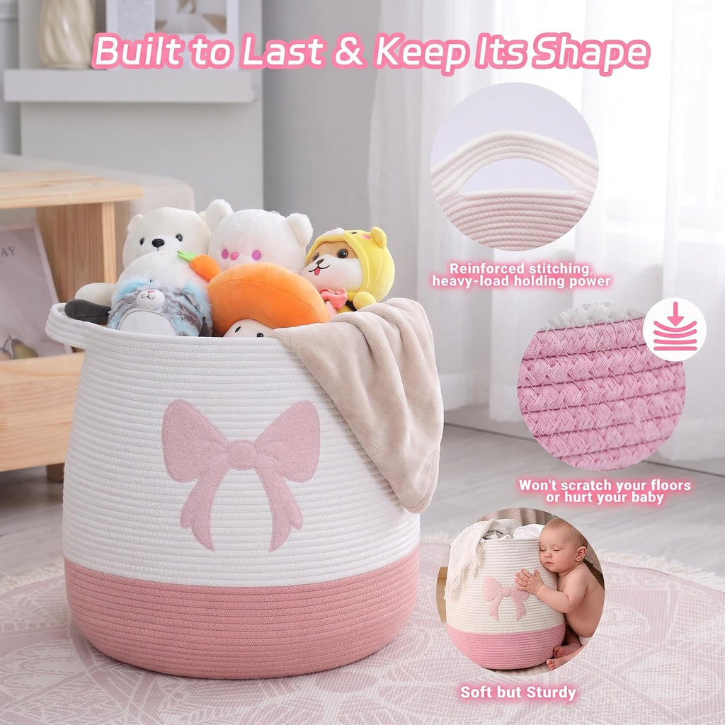 Large Cotton Rope Woven Storage Basket (17.7" x 16.9") - Decorative Round Laundry Hamper & Toy Organizer Bin with Handles for Nursery, Kid's Room and Blankets