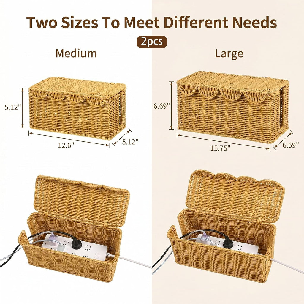 2PCS Cable Management Box, Handwoven Imitation Rattan Cord Organizer, Handmade Rattan Cable Organizer Wire Hider Box, Open Slots Cords Hider BoxCord Basket Under Desk Cord Organizers