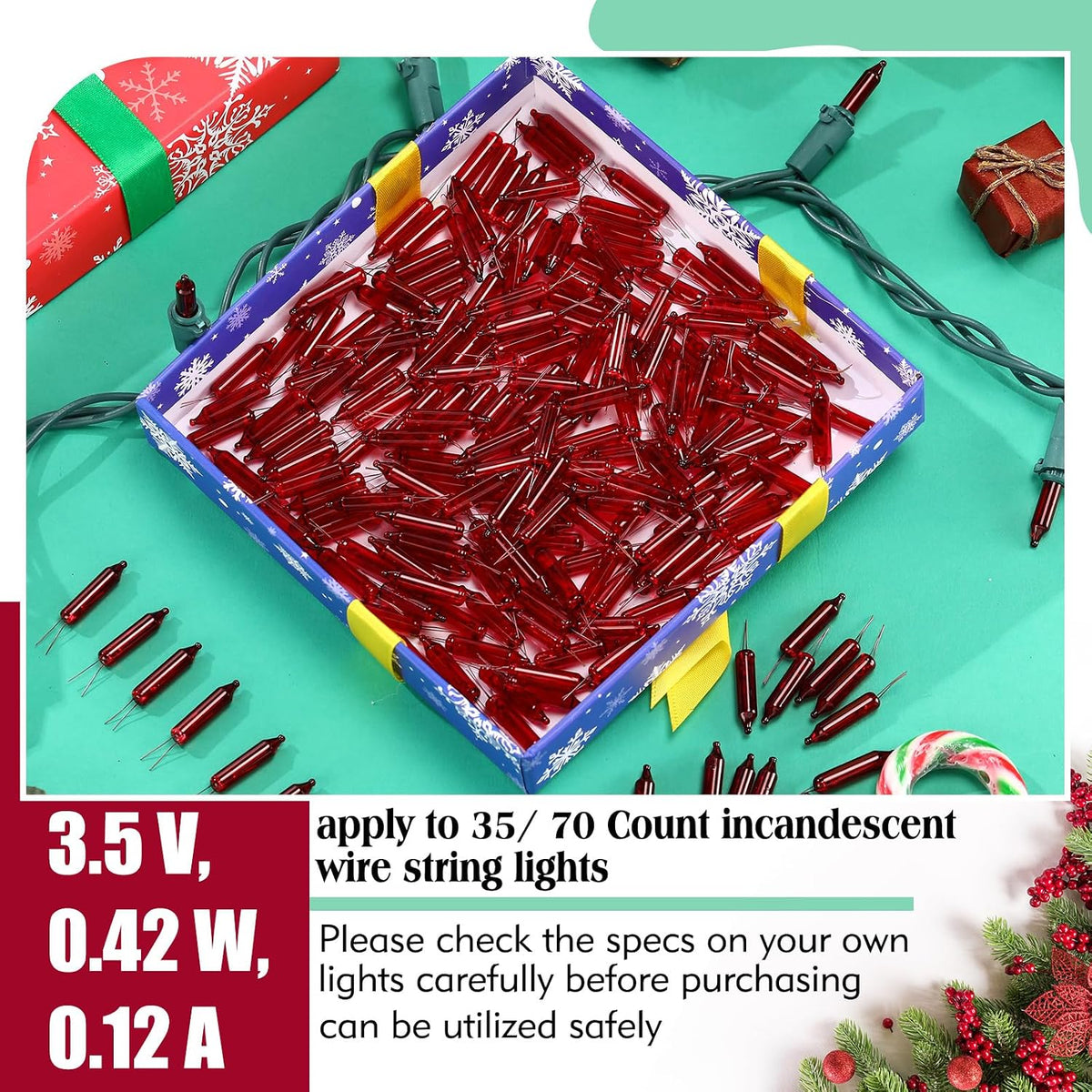 Remagr 70 Pcs 3.5v Christmas Mini Light Bulbs Holiday Decor, Red