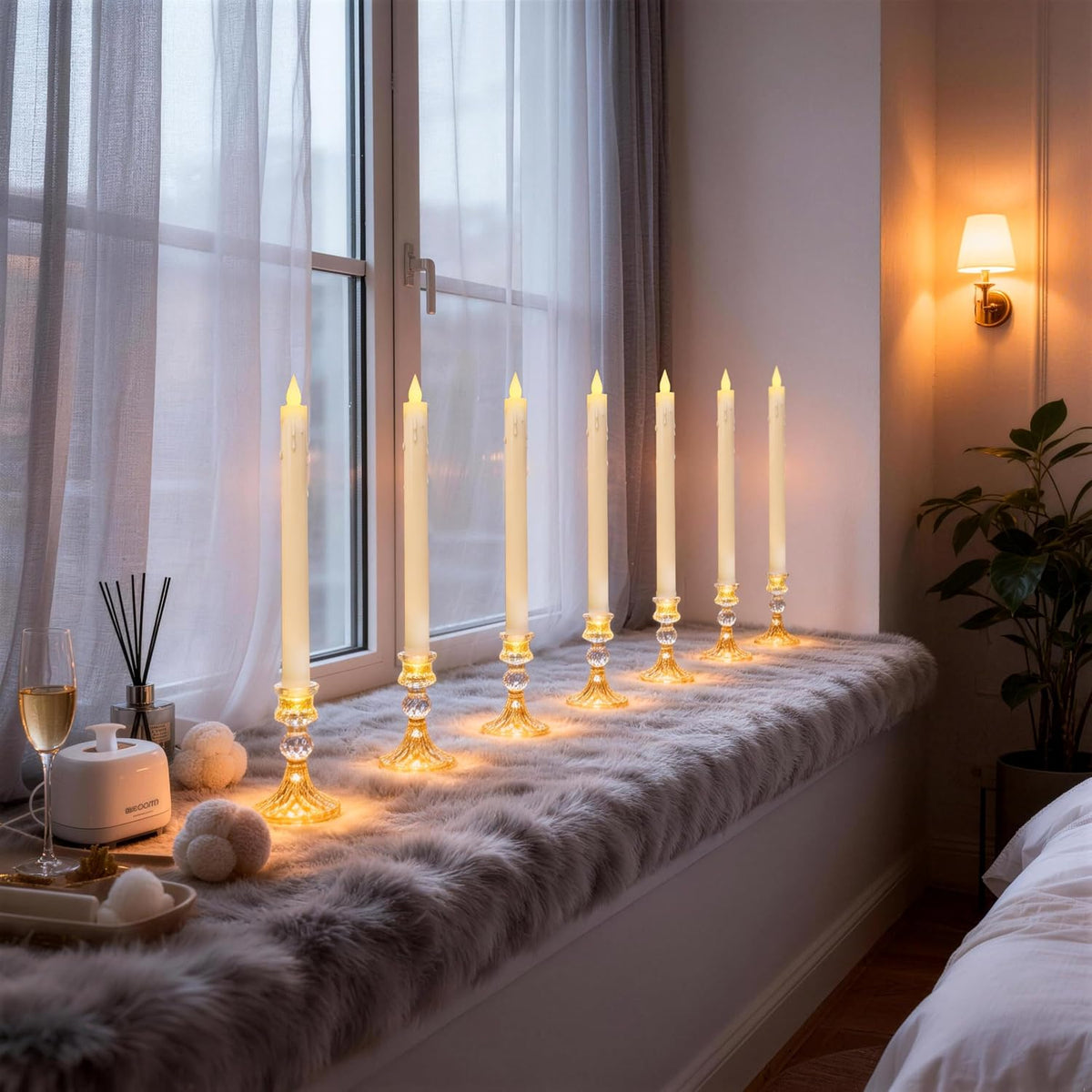 Flameless Taper Candles with Illuminated Glass Candle Holder, Remote Timer 2AA Battery Operated 500+ Hours for Thanksgiving/Xmas Decor, Wedding Centerpiece, Ivory, 2 Pack