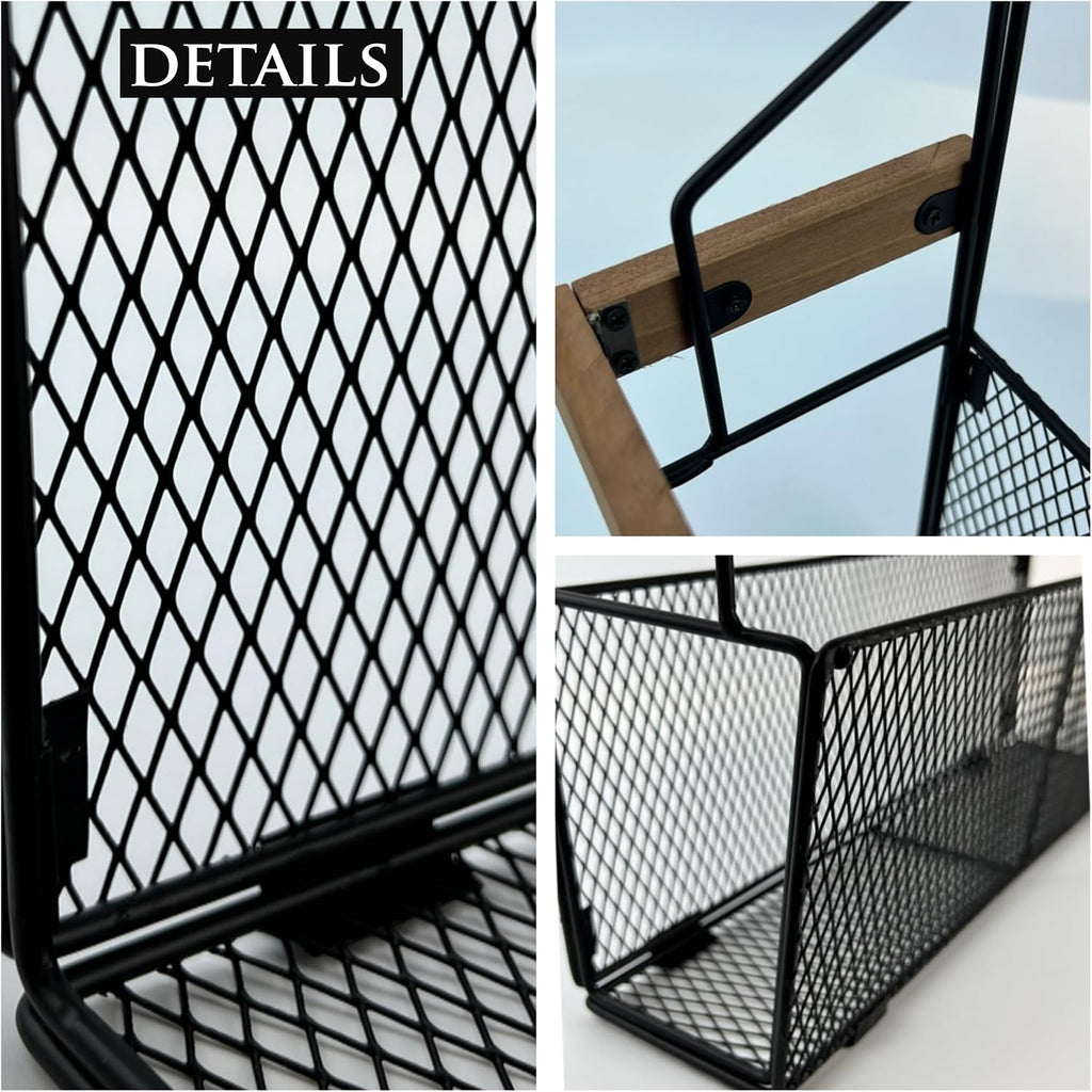Wall File Organizer with Wooden Trim, Wall Mounted Magazine Holder, Hanging File Organizer, Metal Wire Hanging Magazine Rack for Living Room and Office, Hanging Paper Organizer, 2 Packs